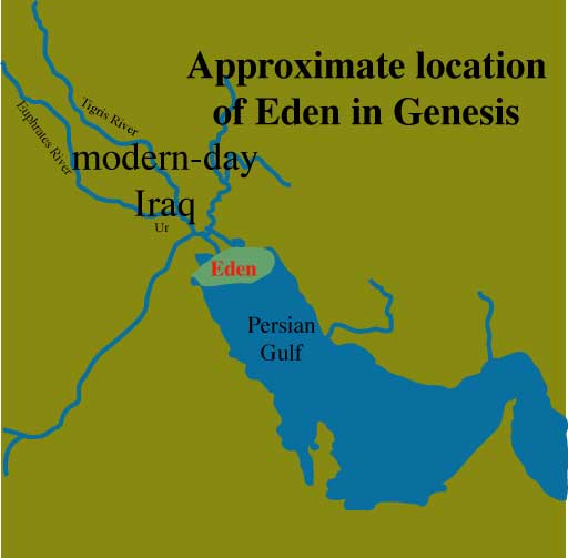 Approximate location of Garden of Eden in Genesis, near Modern-day Iraq