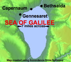 Sea of Galilee is 7 miles across, Capernaum, Bethsaida, Gennesaret